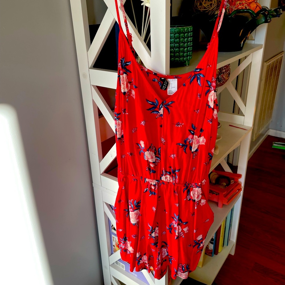 Red Womens romper. Shorts with pockets